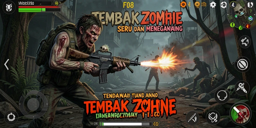 Antarmuka permainan F08 dengan zombie yang menyerang.