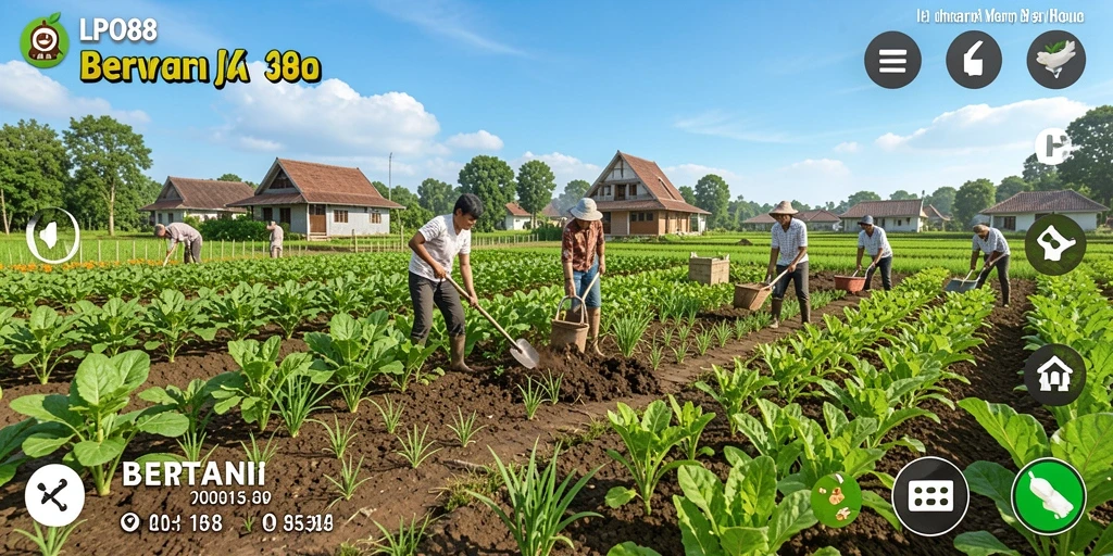 Antarmuka LPO88 menampilkan ladang yang indah dan karakter petani.