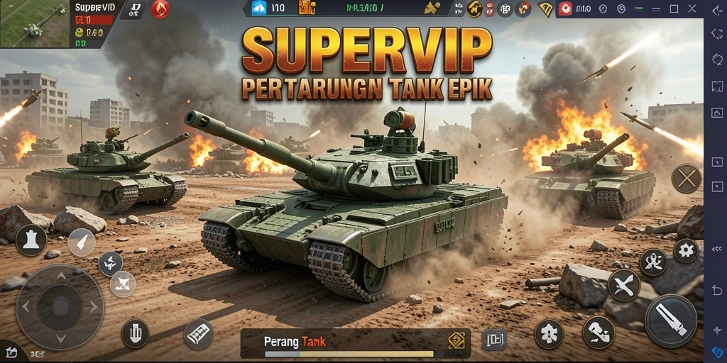 Antarmuka permainan SUPERVIP dengan tank siap tempur.