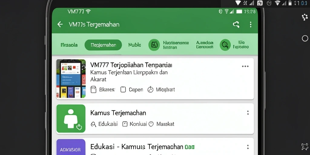 Tampilan antarmuka aplikasi Kamus Terjemahan VM777 yang intuitif.